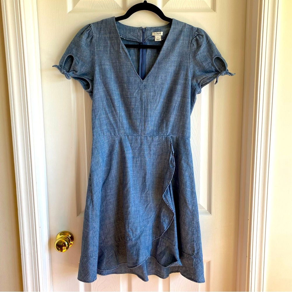 4/$20 J. Crew Chambray Denim Tie Sleeves Ruffle Dress